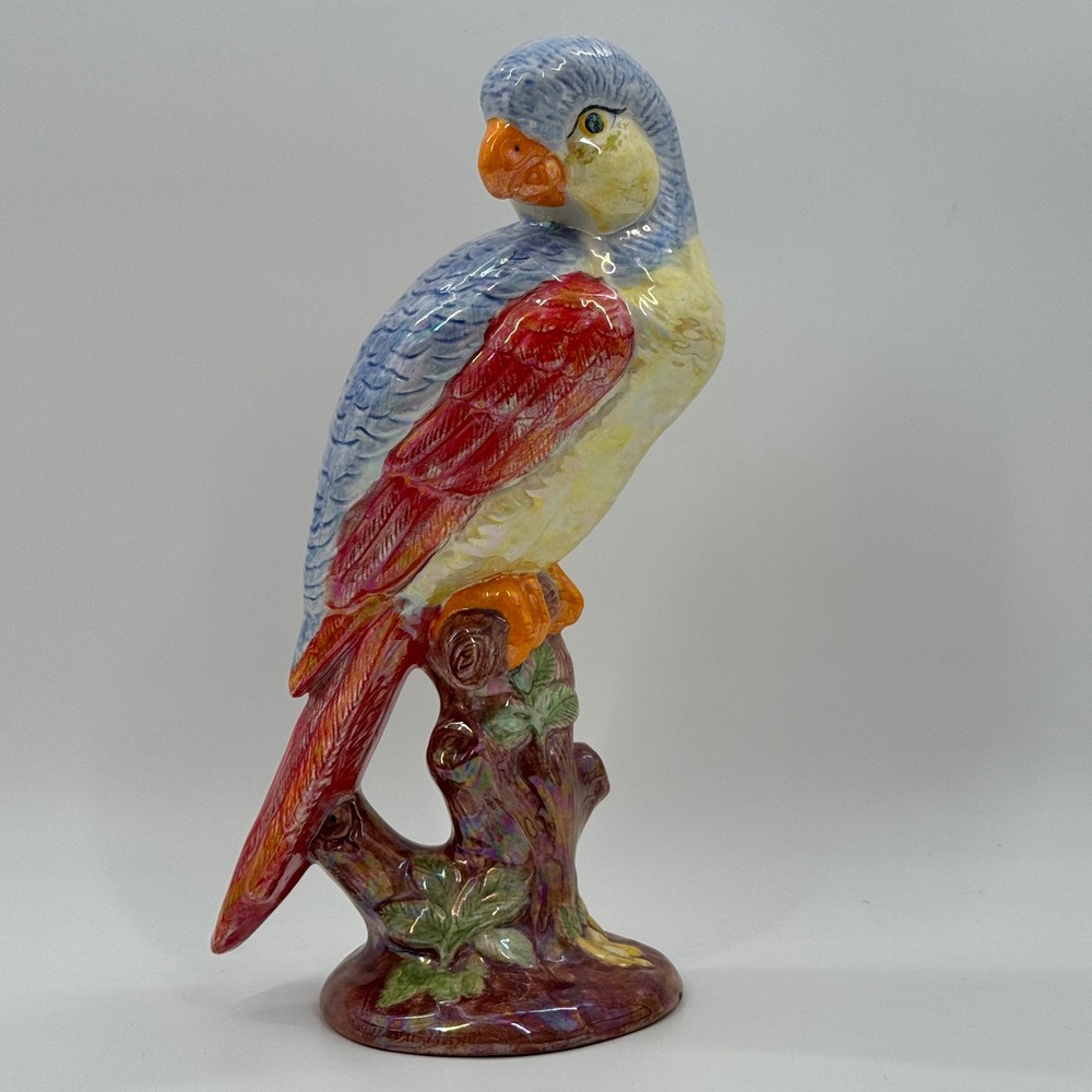 Hand-Painted Ceramic Parrot Sculpture with Iridescent Glaze
